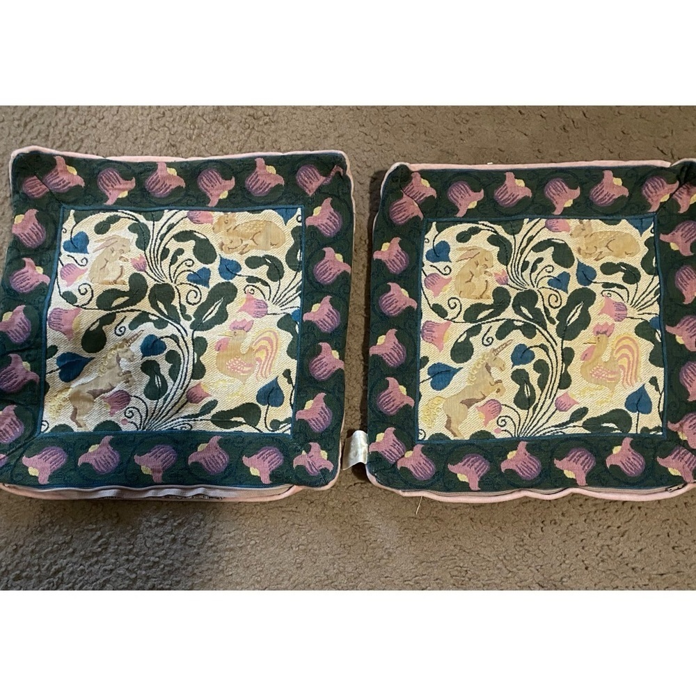 Vintage Decor France 2 Floral Rabbit Unicorn Embroidered Tapestry Pillow Shams - Picture 2 of 16